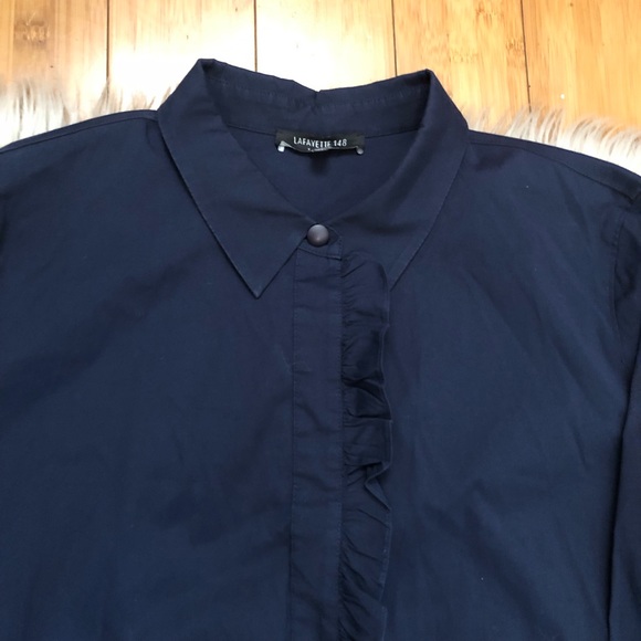 Lafayette 148 Preppy Collared Ruffled Relaxed Fit Long Sleeves Navy Dress XL - Picture 3 of 13
